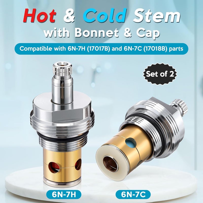 Enhon Hot and Cold Stem Compatible with 6N-7H and 6N-7C, Stem with Bonnet & Cap Compatible with Kohler Tub and Shower Faucets, for 2 Handle Faucets, Brass and Chrome, Set of 2 - Image 3