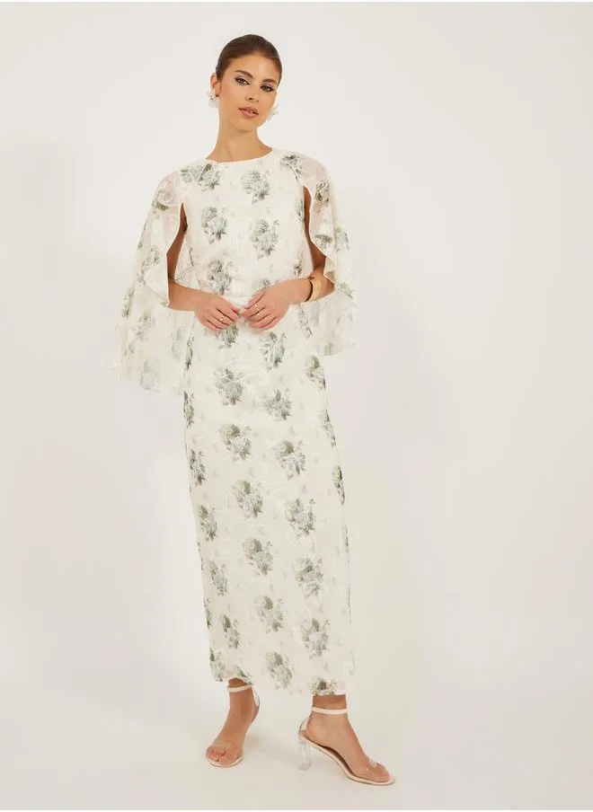 ستايلي Floral Print Embroidered Cape Sleeve Maxi Dress