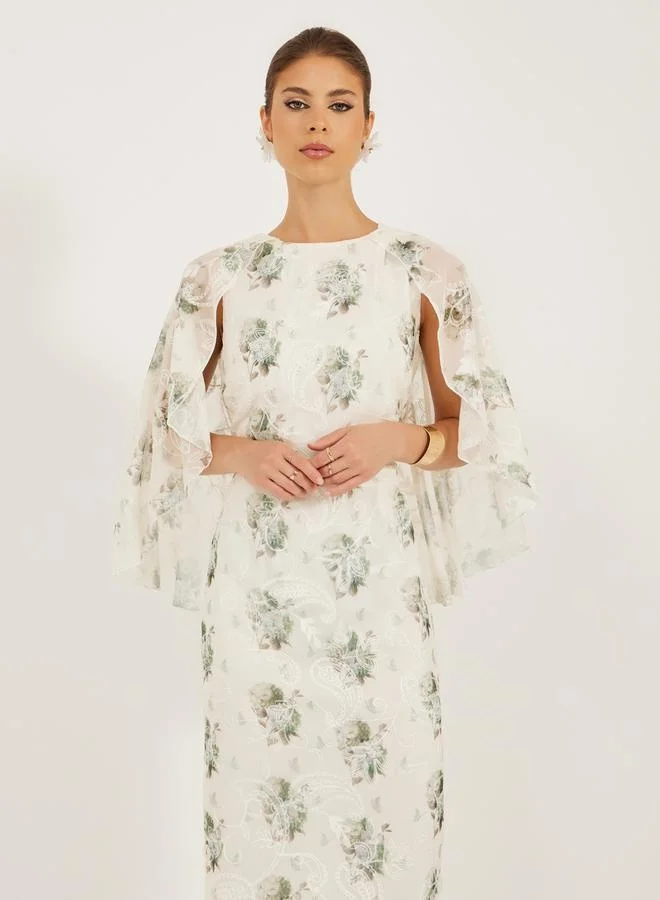 Styli Floral Print Embroidered Cape Sleeve Maxi Dress
