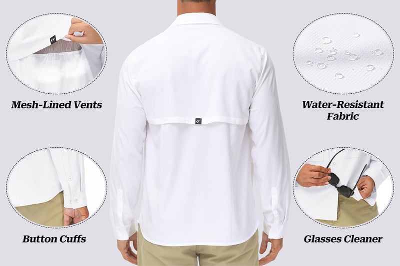 Satankud Men's Long Sleeve Fishing Shirts UPF 50+ Sun Protection Lightweight Hiking Travel Work Button Down Shirt Zipper Pocket (White,Medium) - Image 3