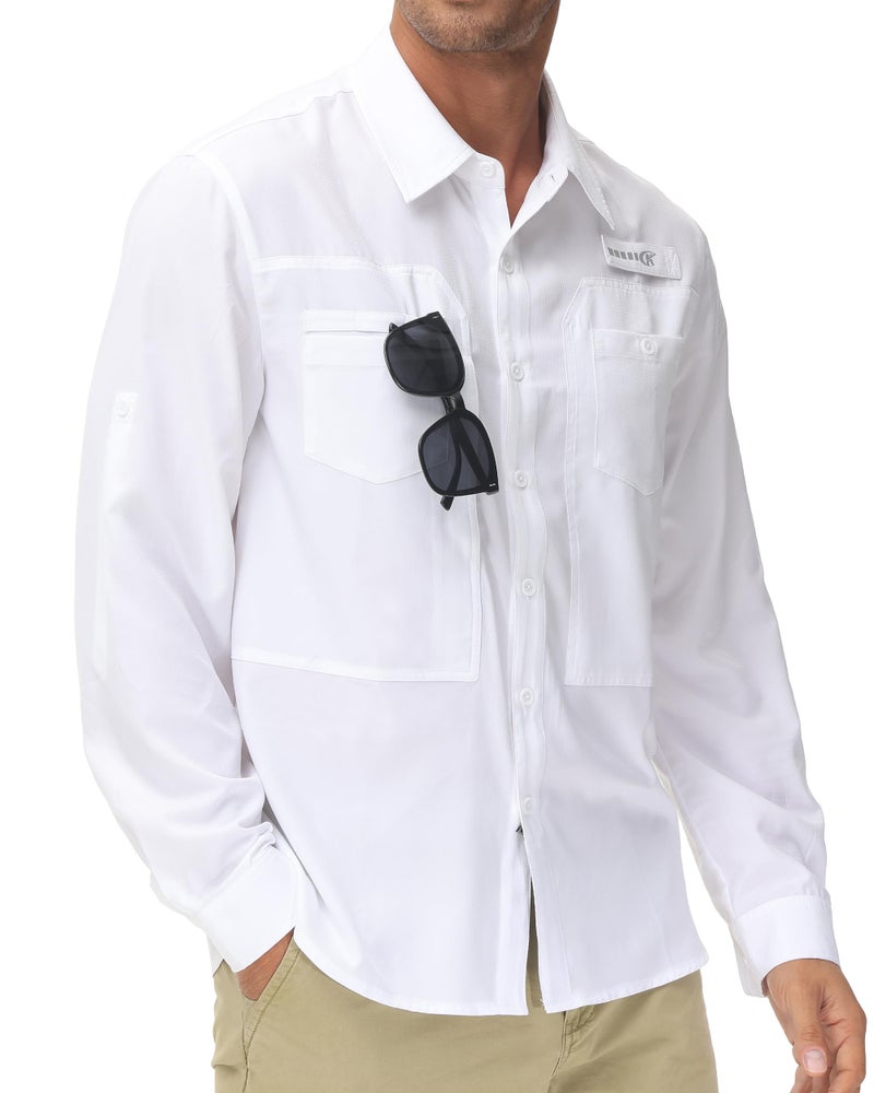 Satankud Men's Long Sleeve Fishing Shirts UPF 50+ Sun Protection Lightweight Hiking Travel Work Button Down Shirt Zipper Pocket (White,Medium) - Image 1