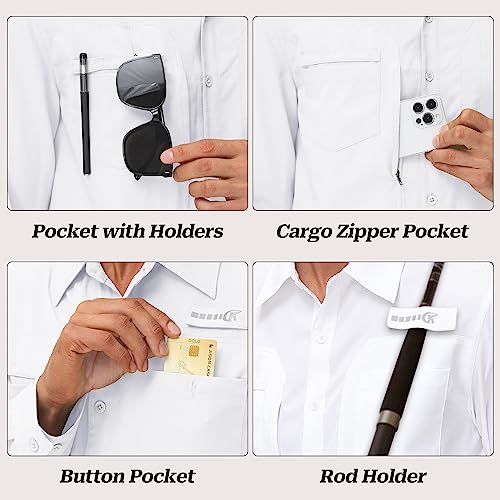 Satankud Men's Long Sleeve Fishing Shirts UPF 50+ Sun Protection Lightweight Hiking Travel Work Button Down Shirt Zipper Pocket (White,Medium) - Image 5