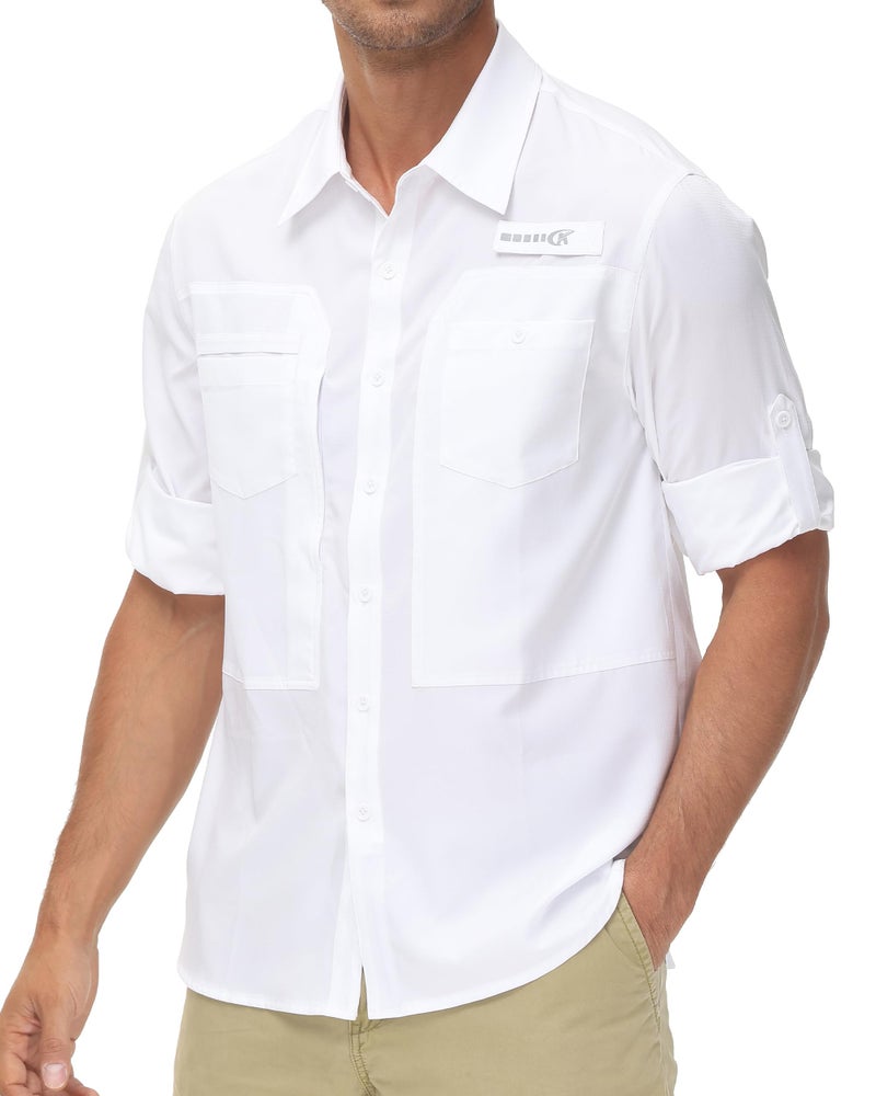 Satankud Men's Long Sleeve Fishing Shirts UPF 50+ Sun Protection Lightweight Hiking Travel Work Button Down Shirt Zipper Pocket (White,Medium) - Image 2