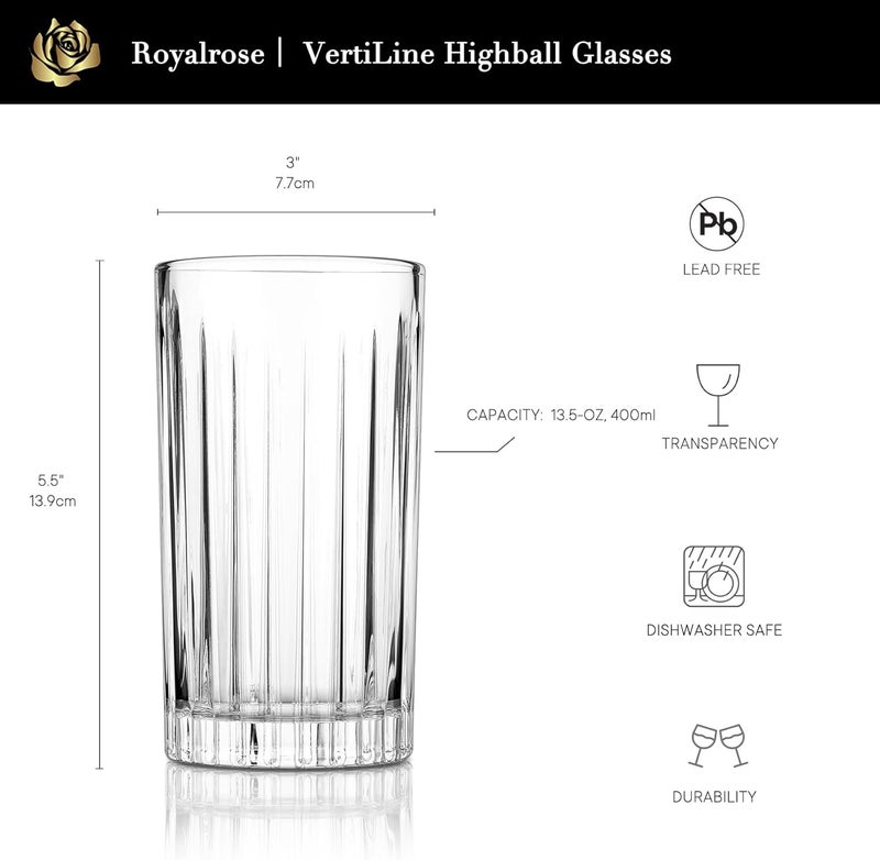 Royal Rose Premium VertiLine 135oz Highball Glasses 6pc Tall Glass Sets LeadFree Crystal Drinking Glasses Water Glasses Mojito Glass Cups and Mixed Drink Cocktail Glass Set Tall glasses - Image 3