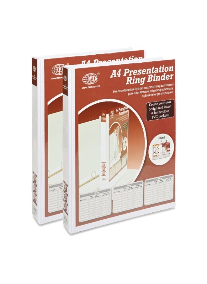 FIS Presentation Binder, A4 Size(210x297mm), 2[D]Ring Type, 15mm Ring Size, 1.25" Inches Spine with Clear PVC Pocket For Easy Insert Your Label Design, Packet of 2 Pieces, White Color-FSBD215DPB/2  - Image 1