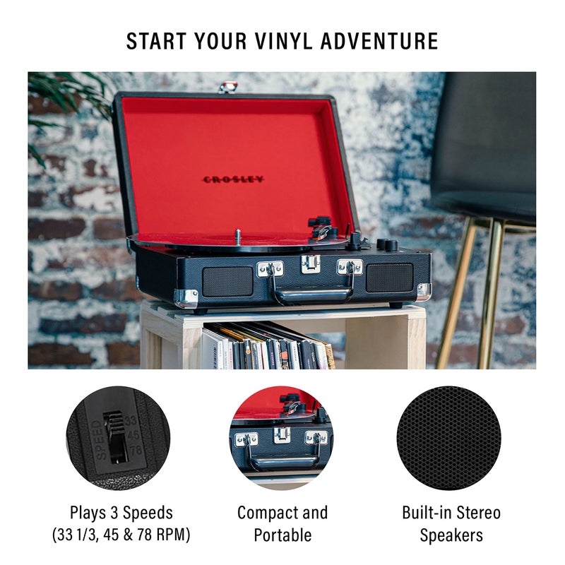 Crosley CR8005F-BK Cruiser Plus Vintage 3-Speed Bluetooth in/Out Suitcase Vinyl Record Player Turntable, Black/Red - Image 2