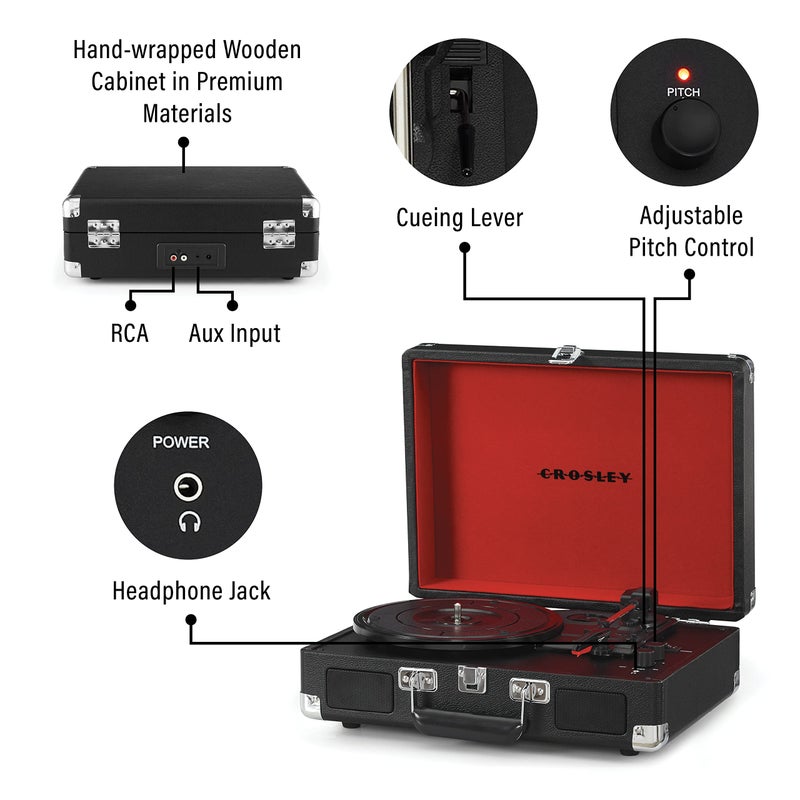 Crosley CR8005F-BK Cruiser Plus Vintage 3-Speed Bluetooth in/Out Suitcase Vinyl Record Player Turntable, Black/Red - Image 3