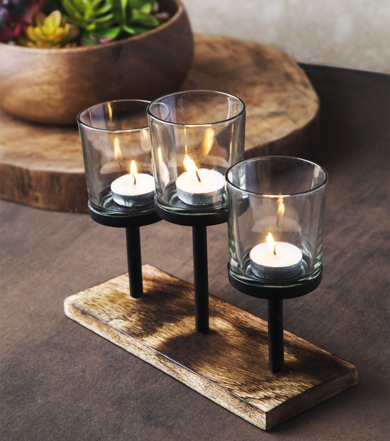 Le'raze Elegant, Decorative Votive Candle Holder Centerpiece, 3 Glass Votive Cups On Wood Base/Tray for Wedding Decoration Dining Table - Image 1