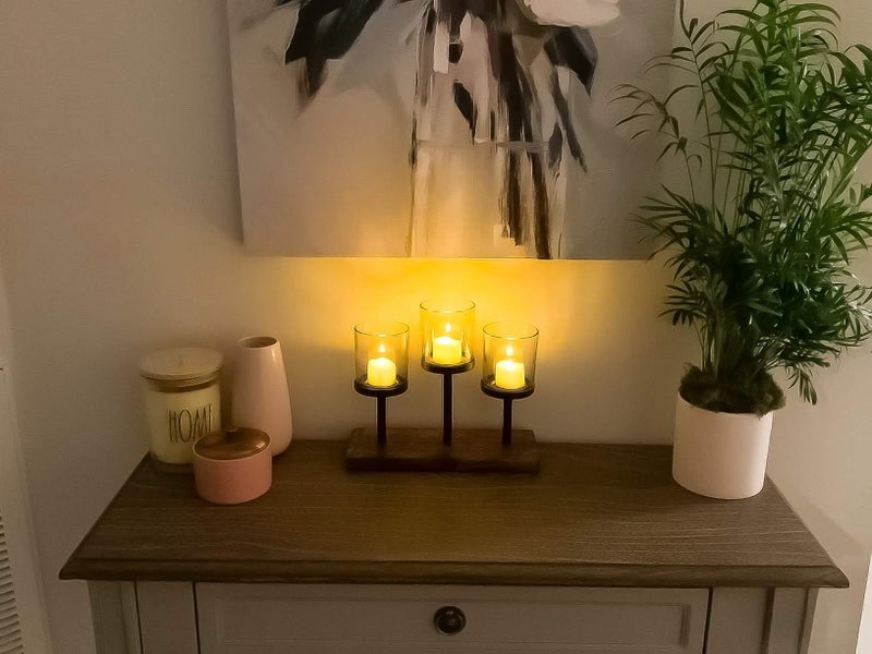 Le'raze Elegant, Decorative Votive Candle Holder Centerpiece, 3 Glass Votive Cups On Wood Base/Tray for Wedding Decoration Dining Table - Image 3