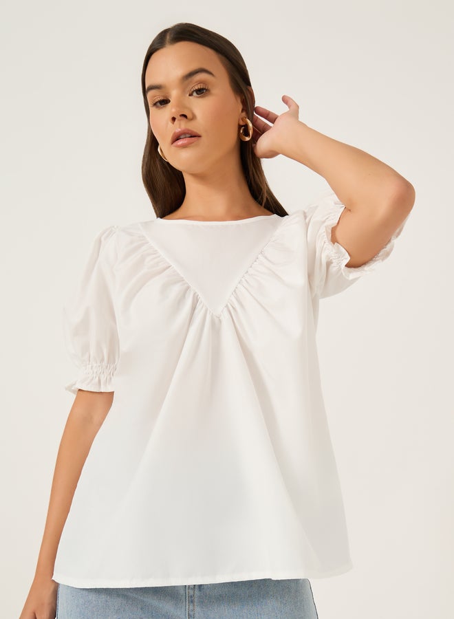 Styli Solid Puff Sleeves Top with Smocked Cuffs - Image 1
