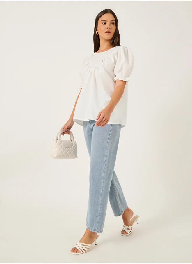 ستايلي Solid Puff Sleeves Top with Smocked Cuffs