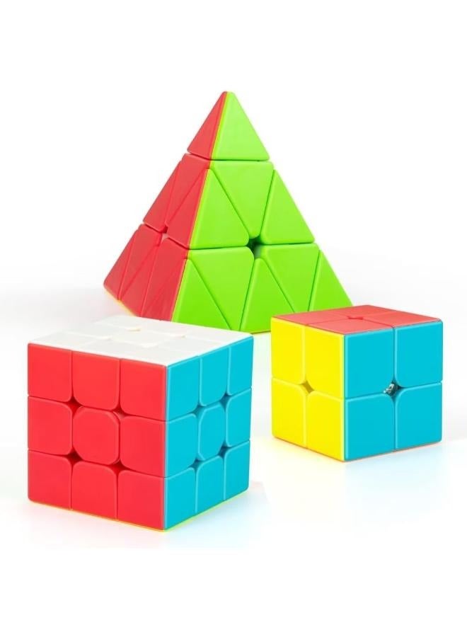 EasyLife 3 Pieces Speed Cube Set Stickerless Magic Cube Set of 2x2x2 3x3x3 Pyramid Frosted Puzzle Cube - Image 1