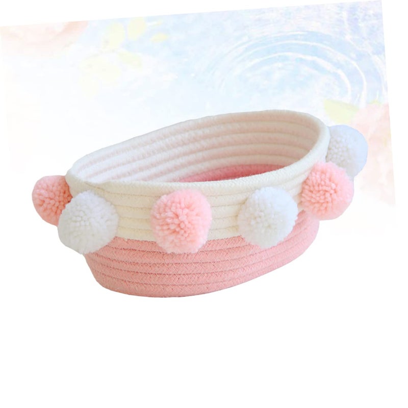 Small Pink Cotton Rope Storage Basket With Plush Balls Woven Organizer For Home Desktop Decor - Image 5