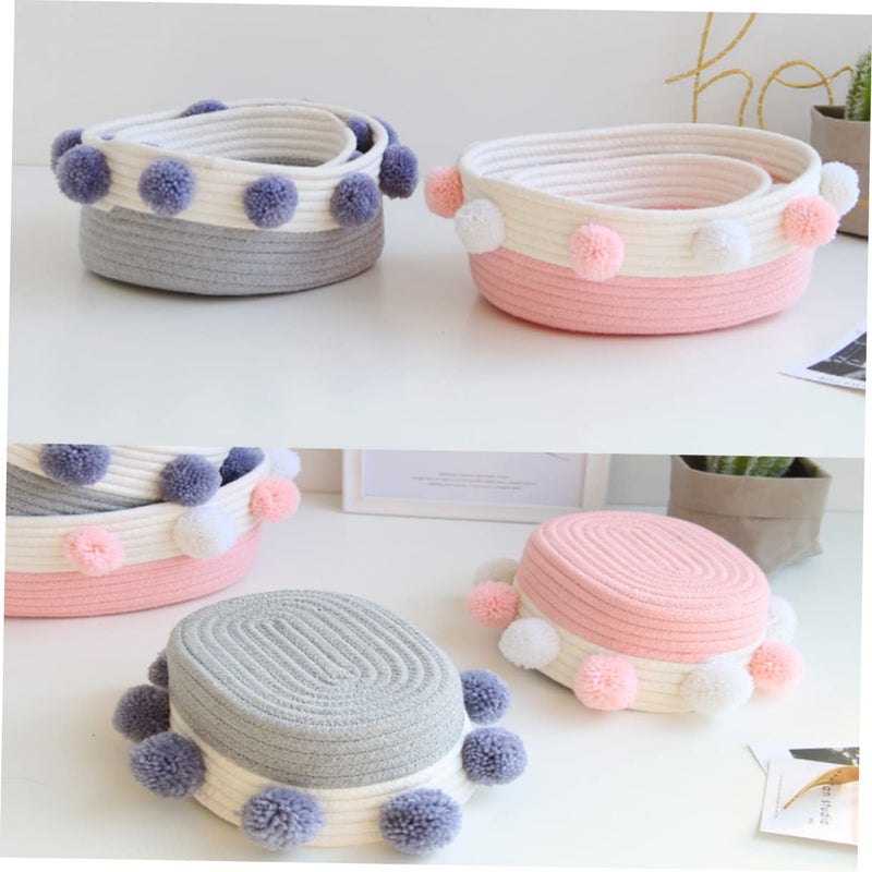Small Pink Cotton Rope Storage Basket With Plush Balls Woven Organizer For Home Desktop Decor - Image 3