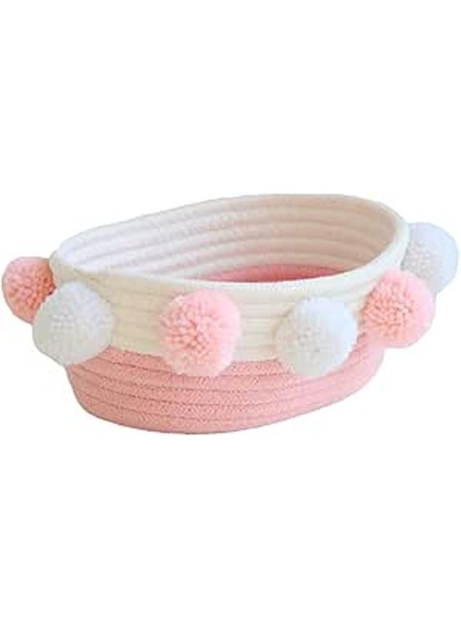 Small Pink Cotton Rope Storage Basket With Plush Balls Woven Organizer For Home Desktop Decor - Image 1