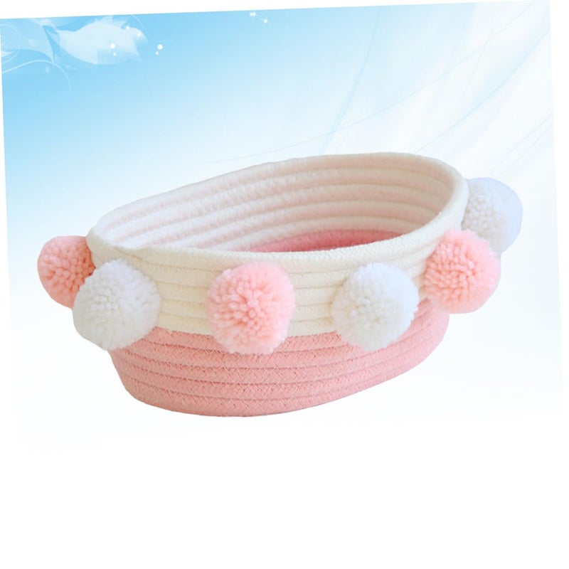Small Pink Cotton Rope Storage Basket With Plush Balls Woven Organizer For Home Desktop Decor - Image 4