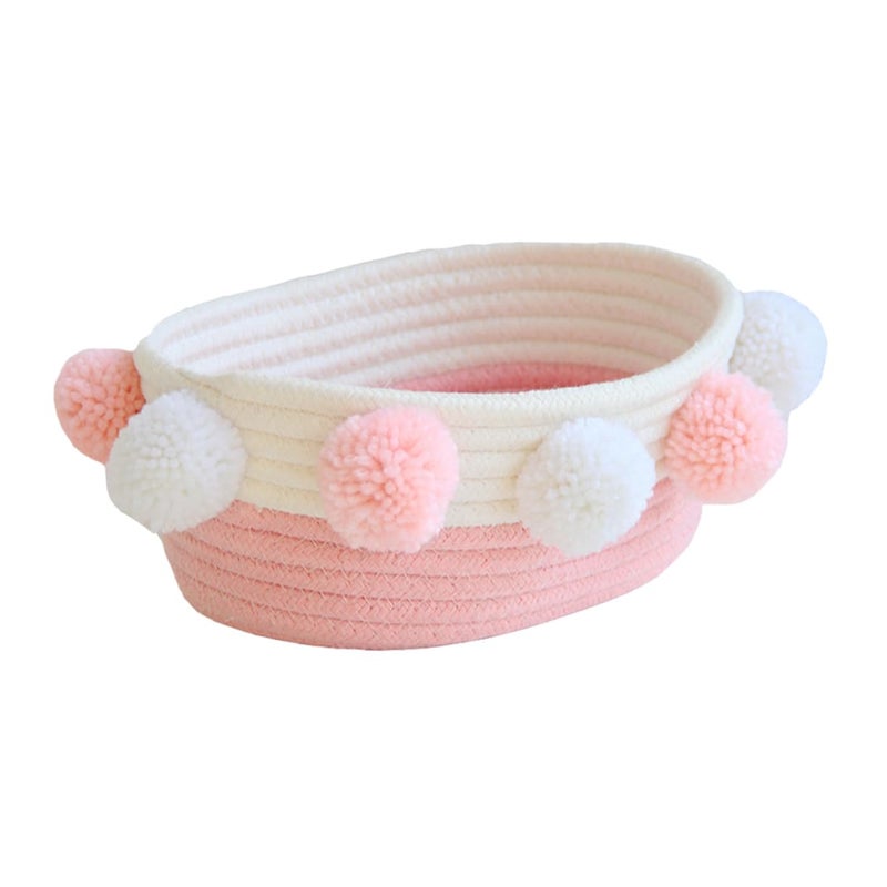 Small Pink Cotton Rope Storage Basket With Plush Balls Woven Organizer For Home Desktop Decor - Image 2
