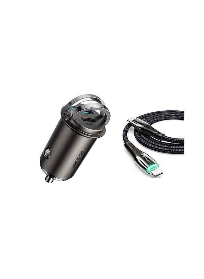 NIBEMINENT Joyroom Combo 45W Fast Dual Port Type-C & USB Car Charger With Type C To Lightning PD Charging Cable Black - Image 1