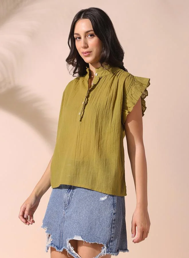 Dennis Lingo Women's Olive 100% Cotton Solid Pattern Regular Fit Tops