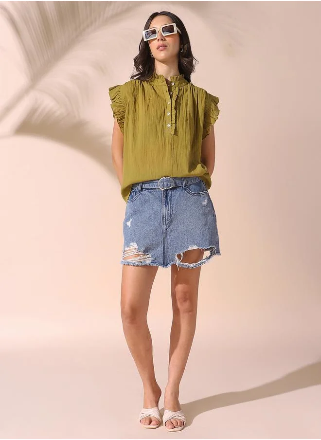 دينيس لينغو Women olive regular fit solid sleeveless t-shirt 100% cotton top with button closure- perfect for making bold moves.