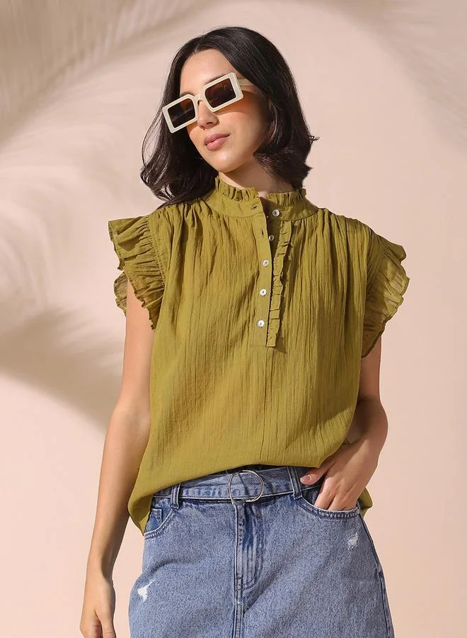 Dennis Lingo Women's Olive 100% Cotton Solid Pattern Regular Fit Tops
