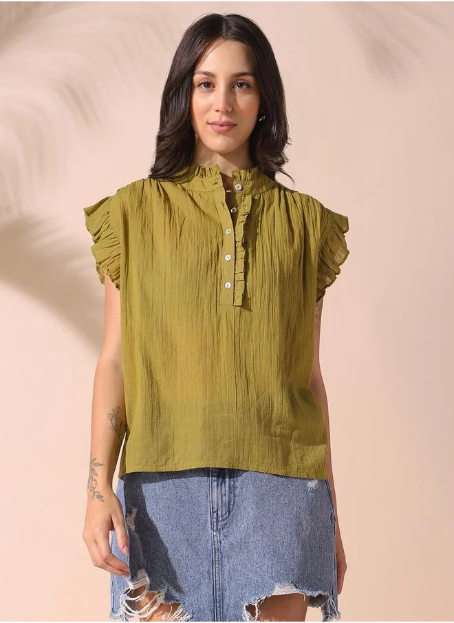 دينيس لينغو Women olive regular fit solid sleeveless t-shirt 100% cotton top with button closure- perfect for making bold moves.