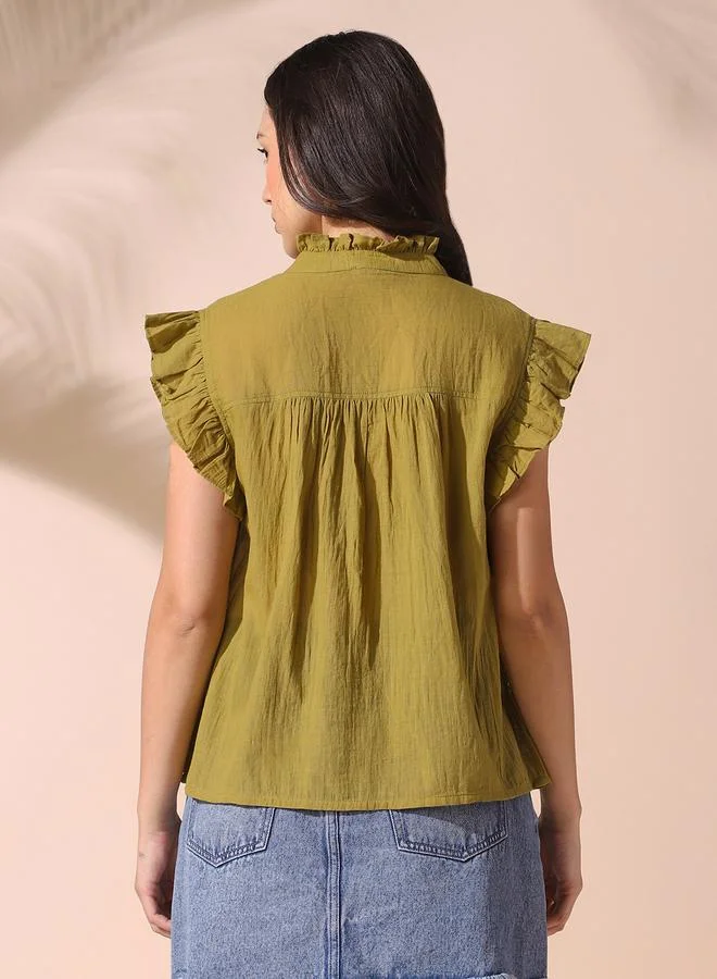 Dennis Lingo Women's Olive 100% Cotton Solid Pattern Regular Fit Tops
