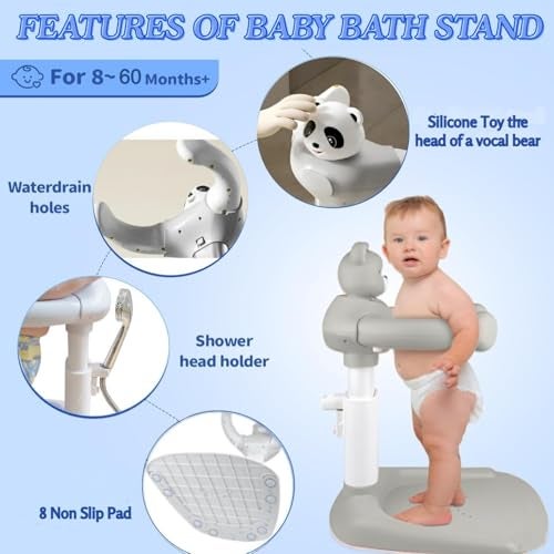 Metreno Baby Bath Stand for 0 to 5 Years Free Standing Baby Shower Stand 6 Levels Height Adjustment for Toddlers Safety Handle & Non-Slip Base Portable Bathing Stand Support for Babies - Image 2