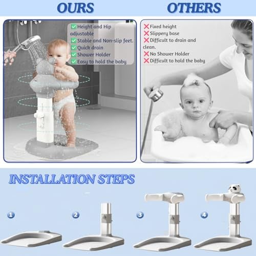Metreno Baby Bath Stand for 0 to 5 Years Free Standing Baby Shower Stand 6 Levels Height Adjustment for Toddlers Safety Handle & Non-Slip Base Portable Bathing Stand Support for Babies - Image 5