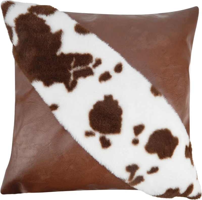 TOMWISH Faux Fur and Artificial Leather Throw Pillow Covers 18x18 Set of 2,Western Decor Christmas Decorative Modern Throw Pillows for Bedroom Living Room Sofa Car Cushion Cover(White and Brown) - Image 2