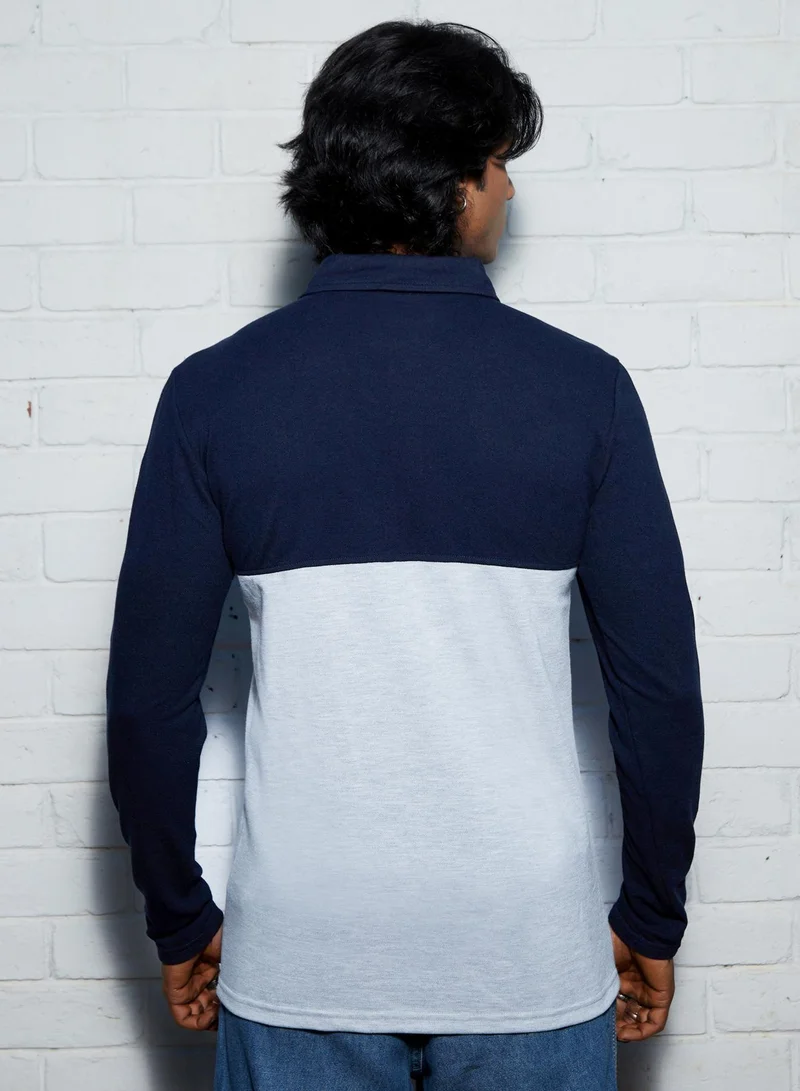 Campus Sutra Men's Navy Blue & Light Grey Contrast Panel Shirt | قميص بأكمام طويلة | كتلة لون | غير رسمي | طوق منتشر