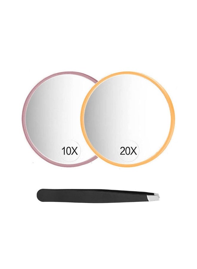 JZS Magnifying Mirror, 2 Pack Small Magnifying Mirror with Suction Cup and Tweezers, Travel Magnifying Mirror, Compact Mirror Set for Plucking Eyebrows(10x+20x) - Image 1