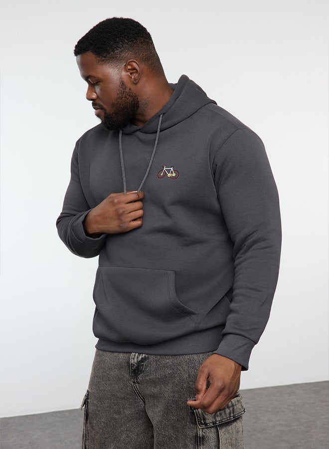 trendyol Plus Size Anthracite Regular/Normal Cut Hooded Fleece Sweatshirt - Image 2