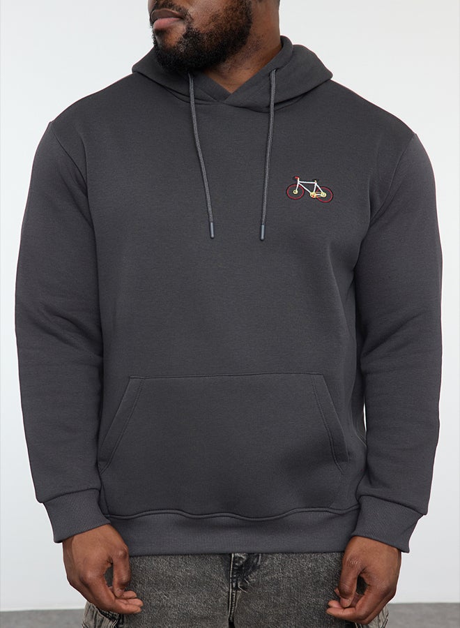 trendyol Plus Size Anthracite Regular/Normal Cut Hooded Fleece Sweatshirt - Image 3