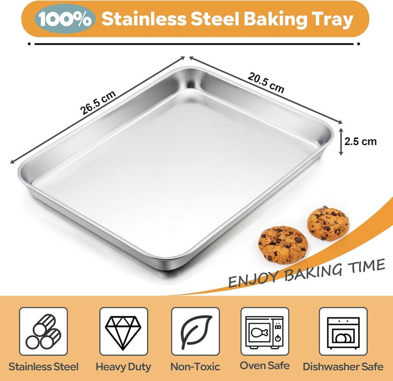 Herogo Baking Tray Set of 2, Stainless Steel Baking Sheet Pans, Rectangle Oven Trays Set for Baking Cooking Roasting, Healthy & Non-Toxic, Mirror Polished, Dishwasher Safe – 26.5x20.5x2.5 cm - Image 2