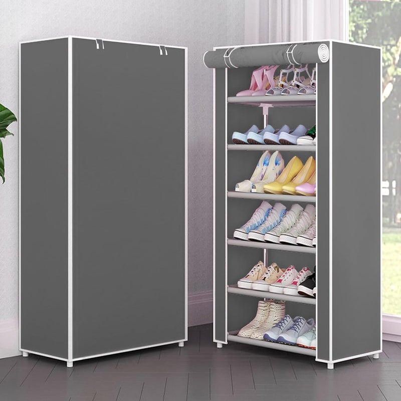 Jaffix Shoe Rack Stand for Home Multipurpose Storage Organizer Lightweight with Iron Pipes Dust Proof Cover Cotton Printed Shoe Rack Organizer Stand Gray 6 Layer