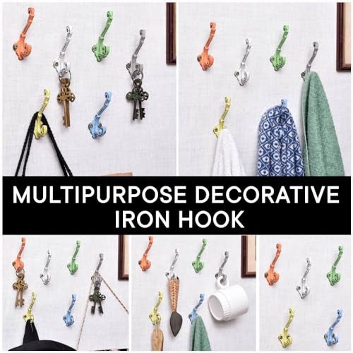 Indian-Shelf Indian Shelf 6 Pack Heavy Duty Colorful Kids Hooks Double Prong Cast Iron Farmhouse Decorative Rustic Vintage Wall Hooks for Hanging Coats, Keys, Bags, Hats, Towels, Backpack, Purse, Robe - Image 5