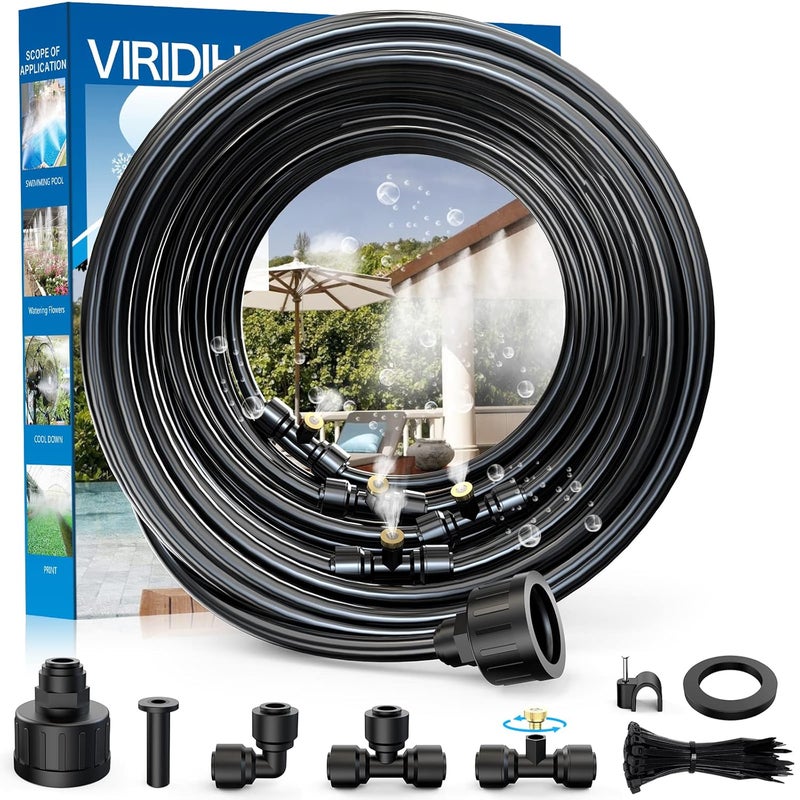 Misigo Misting Systems, Misters for Outside Patio, 100FT Misting Cooling System+30 Brass Mister System+2 PE Antioxidant Adapters 3/4"+2 Tee Adapters+2 90 Degree Elbows for Pasture, Garden, Greenhouse, Gazebo - Image 1