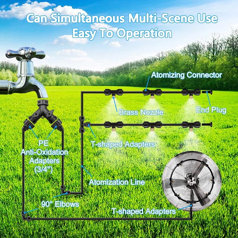 Misigo Misting Systems, Misters for Outside Patio, 100FT Misting Cooling System+30 Brass Mister System+2 PE Antioxidant Adapters 3/4"+2 Tee Adapters+2 90 Degree Elbows for Pasture, Garden, Greenhouse, Gazebo - Image 5