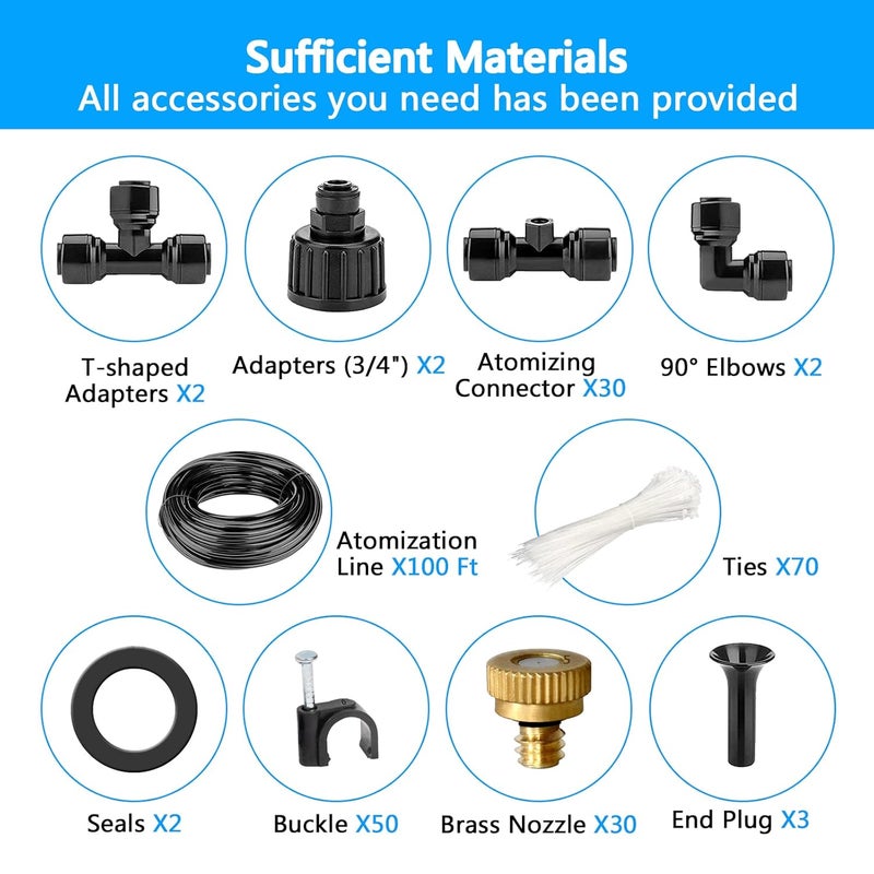 Misigo Misting Systems, Misters for Outside Patio, 100FT Misting Cooling System+30 Brass Mister System+2 PE Antioxidant Adapters 3/4"+2 Tee Adapters+2 90 Degree Elbows for Pasture, Garden, Greenhouse, Gazebo - Image 2