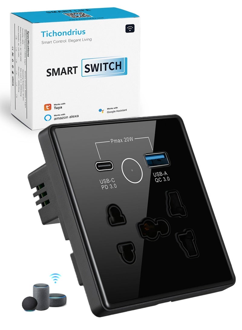 Tichondrius Smart Wall Outlet , with USB+TypC Interface WiFi Smart Touch Wall Socket,uya APP Remote Control,Compatible Alexa and Google Home,2.4G WiFi,13A  (USB+Type C, Black) - Image 1