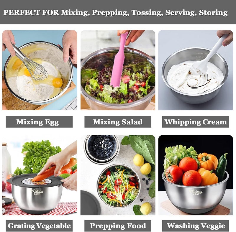 Wildone Mixing Bowls with Airtight Lids, 22 PCS Stainless Steel Mixing Bowls Set, 3 Grater Attachments, Measurement Marks & Non-Slip Bottom, Size 5, 4, 3, 2,1.5, 0.63QT, Ideal for Mixing & Prepping - Image 4