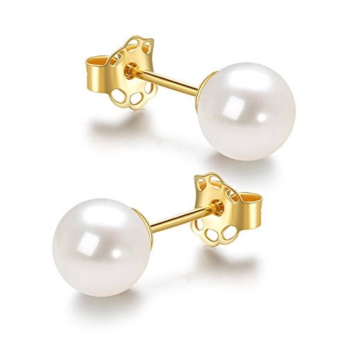 JORA Pearl Earrings for Women 14k Gold Freshwater Cultured Pearl Stud Earrings-10mm - Image 1