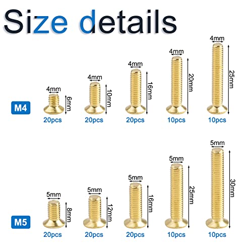 INCREWAY Machine Screws, 160 Pcs M4 M5 10 Sizes Brass Flat-Head Bolts Phillips Drive Machine Screws Assortment Kit - Image 2