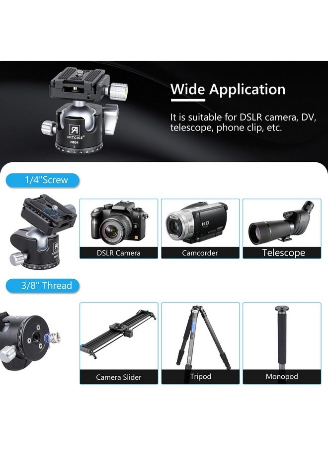 ARTCISE - Low Profile Camera Tripod Ball Head 34Mm All Metal Cnc Machining Panorama Ball Head With Two Quick Release Plates For Tripod Dslr Camcorder Telescope，Max Load 33Lbs 15Kg - Image 1