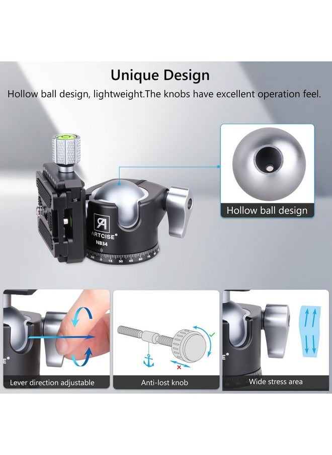 ARTCISE - Low Profile Camera Tripod Ball Head 34Mm All Metal Cnc Machining Panorama Ball Head With Two Quick Release Plates For Tripod Dslr Camcorder Telescope，Max Load 33Lbs 15Kg - Image 1