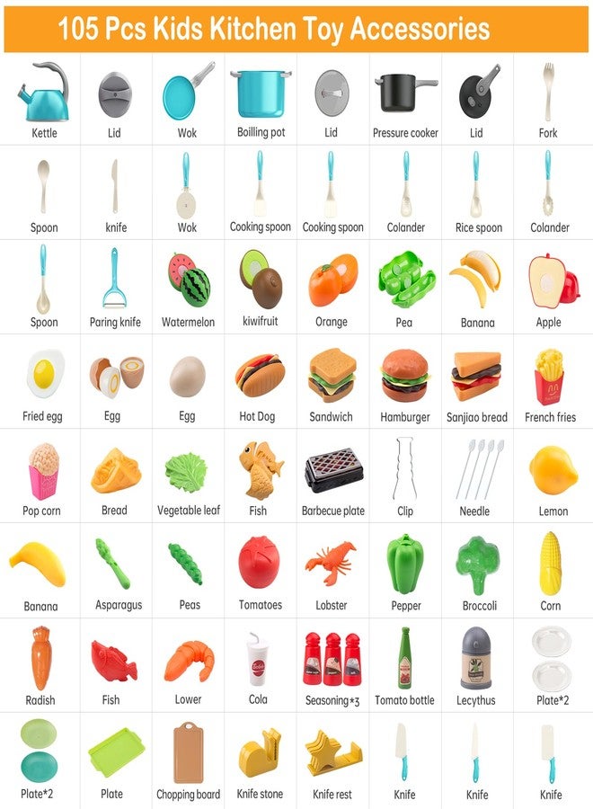 Zero Zoo 105Pcs Kids Kitchen Toy Accessories, Toddler Pretend BBQ Camping Cooking Playset, Play Pots, Pans, Utensils Cookware Toys, Play Food Set, Vegetables, Learning Gift for Girls Boys (Turquoise) - Image 2