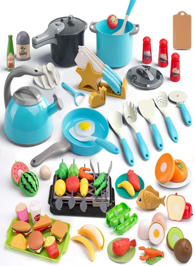Zero Zoo 105Pcs Kids Kitchen Toy Accessories, Toddler Pretend BBQ Camping Cooking Playset, Play Pots, Pans, Utensils Cookware Toys, Play Food Set, Vegetables, Learning Gift for Girls Boys (Turquoise) - Image 1