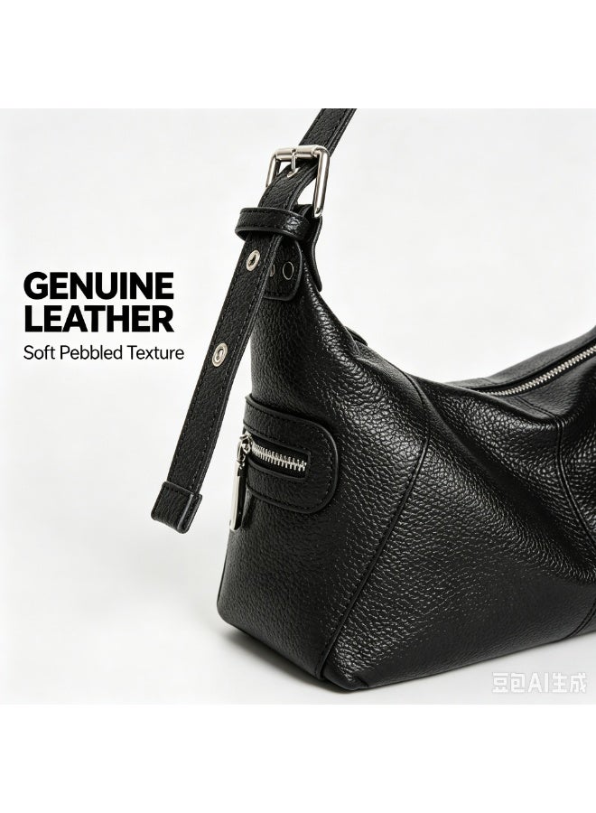 Cloovvie Genuine Leather Hobo Shoulder Bag for Women, Adjustable Wide Strap Crossbody Purse with Multi Pockets, Soft Leather Casual Daily Work Handbag - Image 2