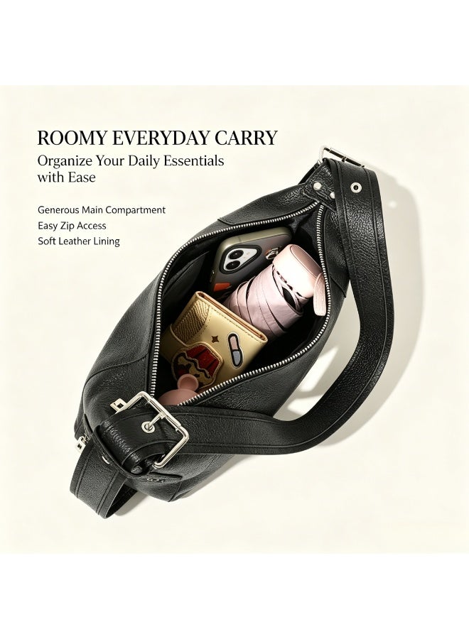 Cloovvie Genuine Leather Hobo Shoulder Bag for Women, Adjustable Wide Strap Crossbody Purse with Multi Pockets, Soft Leather Casual Daily Work Handbag - Image 3